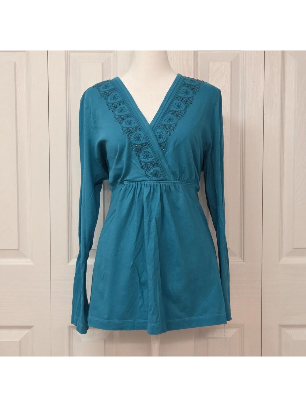 Vintage Y2K Teal Embroidered Beaded Babydoll Top Sz XL Boho Indie Floral Blouse
